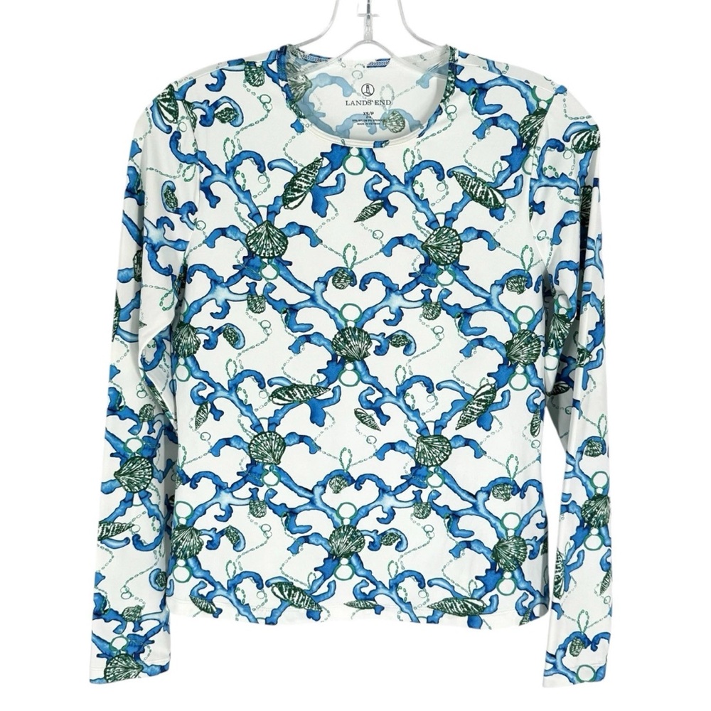 Lands End Rashguard Womens Size XS White Blue Green Stretch Shell Pattern Beach
